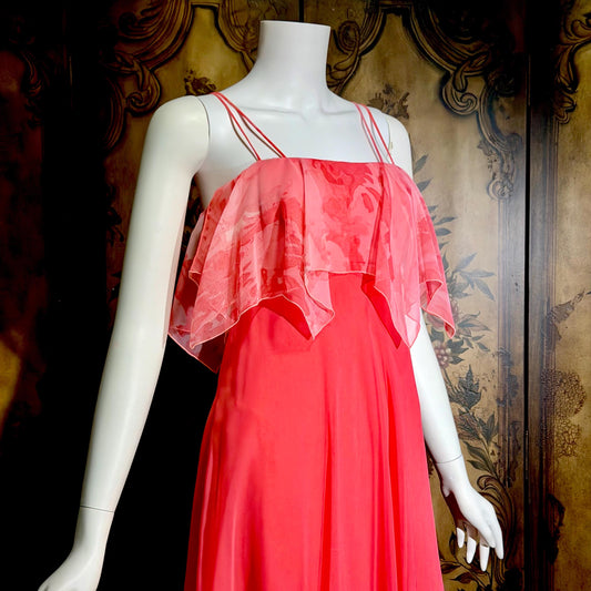 AJ BARI Vintage 1970s evening dress, hot pink coral chiffon scarf top maxi dress