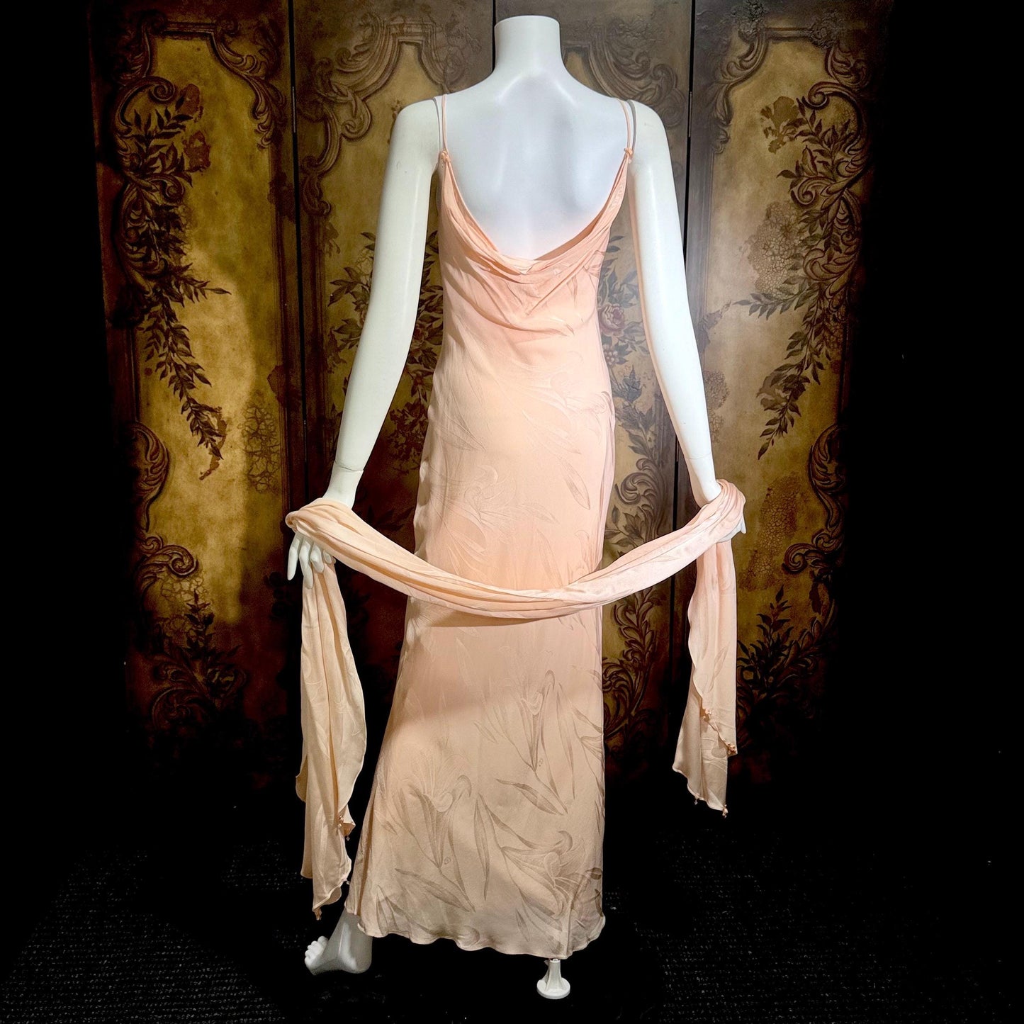 CAROL PERETZ Vintage evening dress, 1990s peachy pink bias cut silk slip dress and shawl