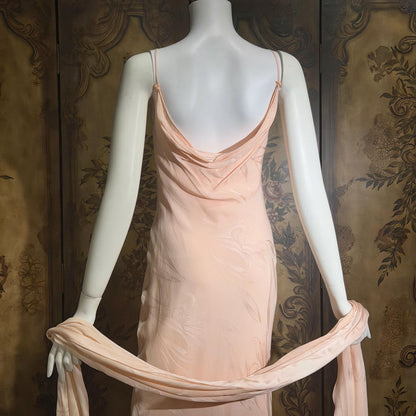 CAROL PERETZ Vintage evening dress, 1990s peachy pink bias cut silk slip dress and shawl
