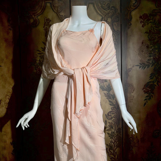 CAROL PERETZ Vintage evening dress, 1990s peachy pink bias cut silk slip dress and shawl