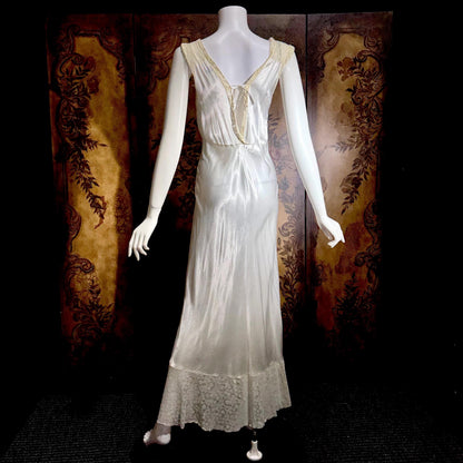 GODFRIED vintage 1930s Nightgown Slip Dress, Shiny white rayon lingerie dress