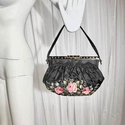 1940s Vintage French silk hand made Evening purse, Point de Beauvais Stitchery,  Enamel frame purse / Embroidered roses