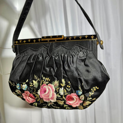 1940s Vintage French silk hand made Evening purse, Point de Beauvais Stitchery,  Enamel frame purse / Embroidered roses