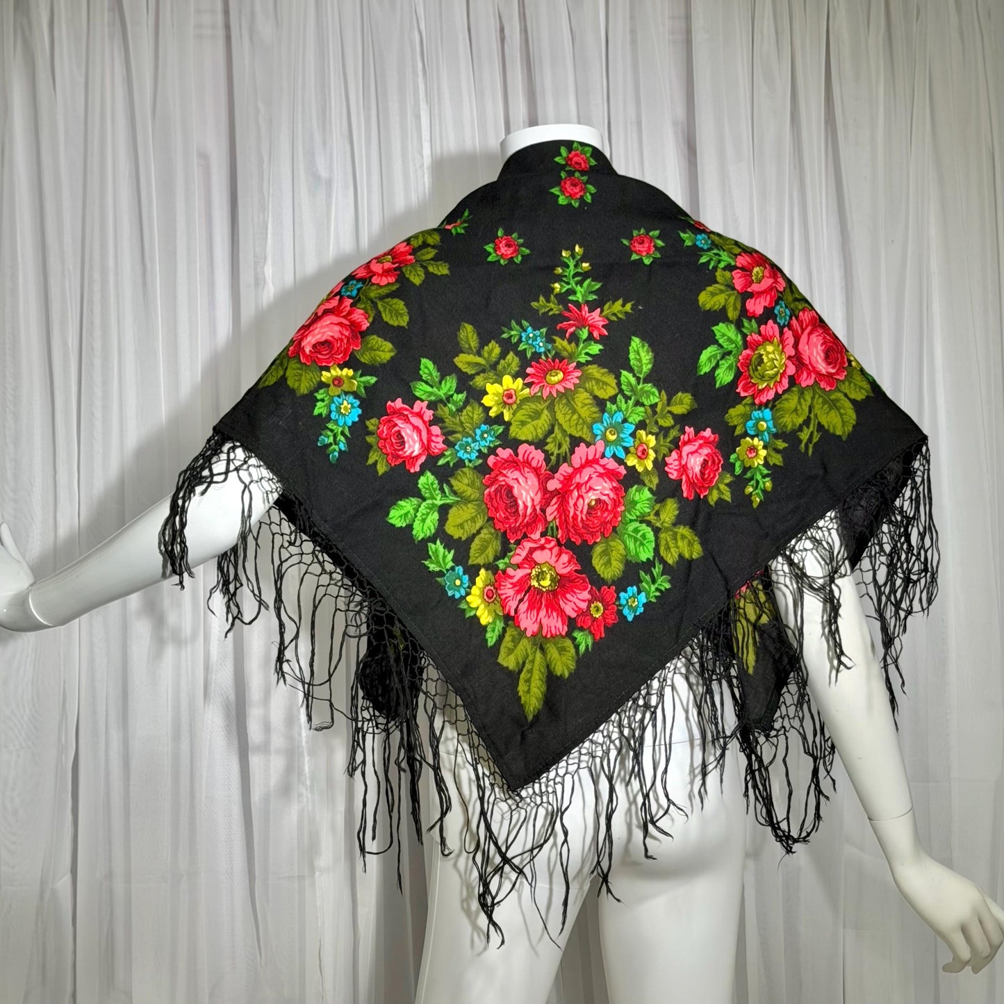 1970s vintage Floral Wool Challis Fringed shawl, black pink rose print scarf wrap, 36 inch square