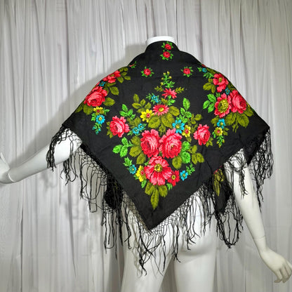 1970s vintage Floral Wool Challis Fringed shawl, black pink rose print scarf wrap, 36 inch square