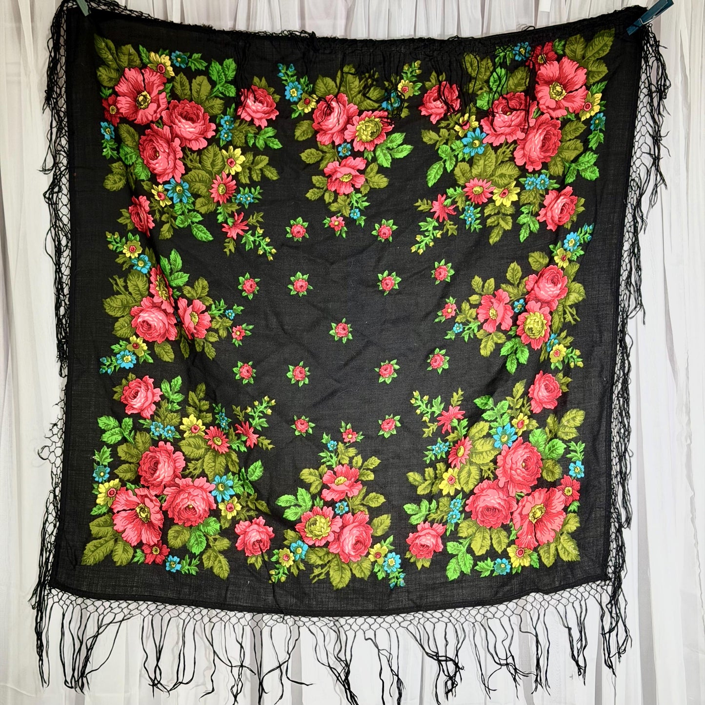 1970s vintage Floral Wool Challis Fringed shawl, black pink rose print scarf wrap, 36 inch square