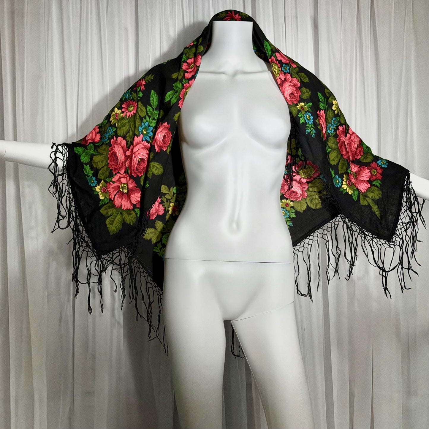 1970s vintage Floral Wool Challis Fringed shawl, black pink rose print scarf wrap, 36 inch square
