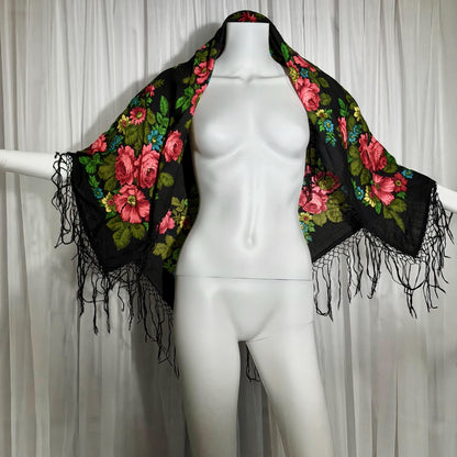 1970s vintage Floral Wool Challis Fringed shawl, black pink rose print scarf wrap, 36 inch square
