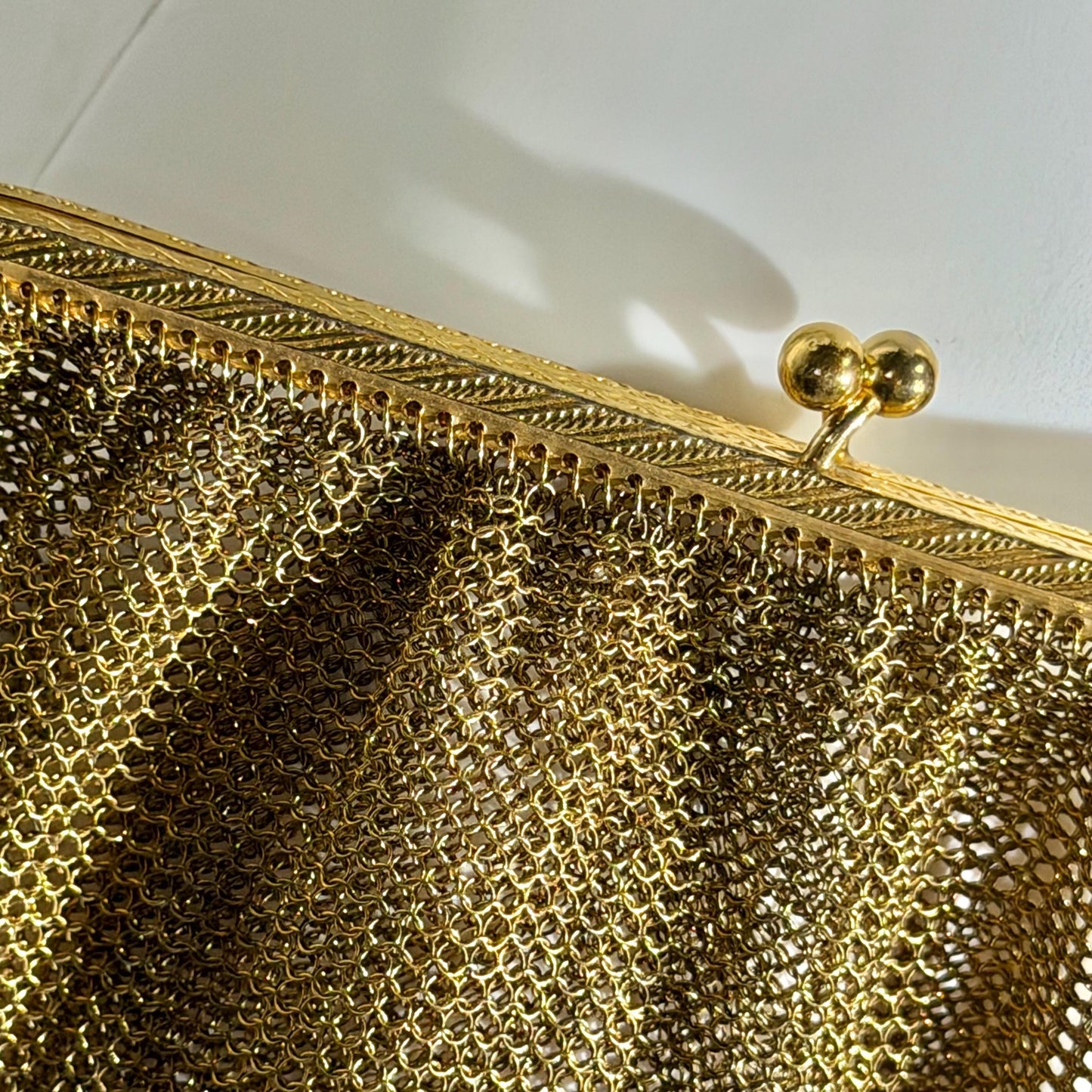 1920s vintage French gold chainmail mesh bag purse, gold metal dance evening bag