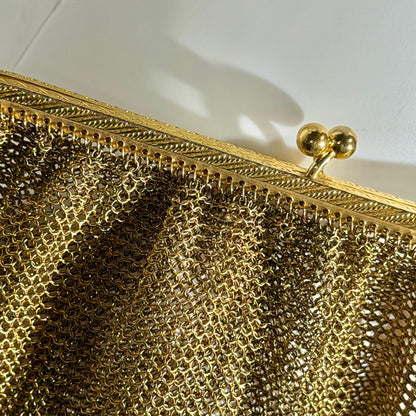 1920s vintage French gold chainmail mesh bag purse, gold metal dance evening bag