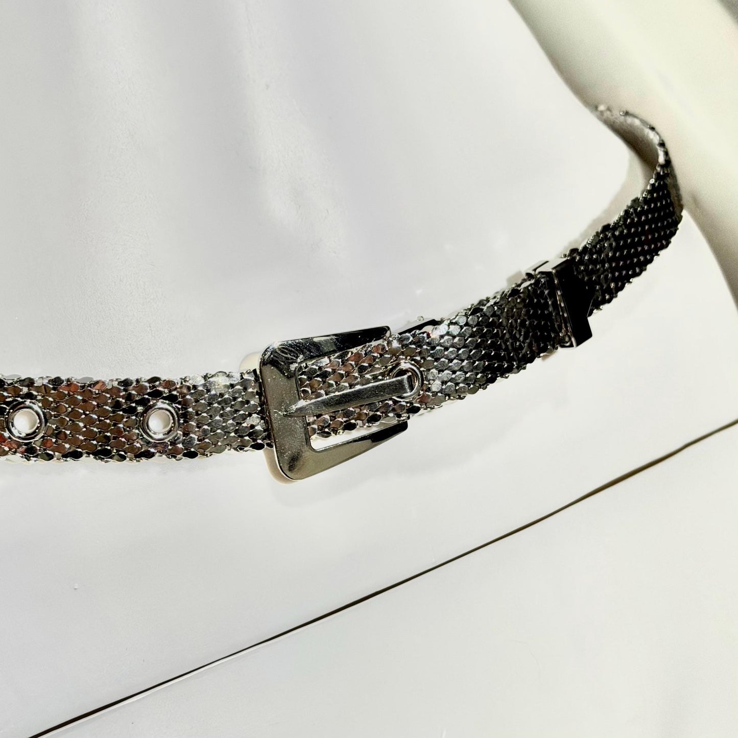 WHITING & DAVIS vintage 1970s belt, slinky disco shiny silver mesh belt