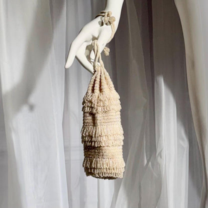 1920s Antique Vintage Beaded Dance Bag, White Glass Art Deco Drawstring tassel Wrist purse