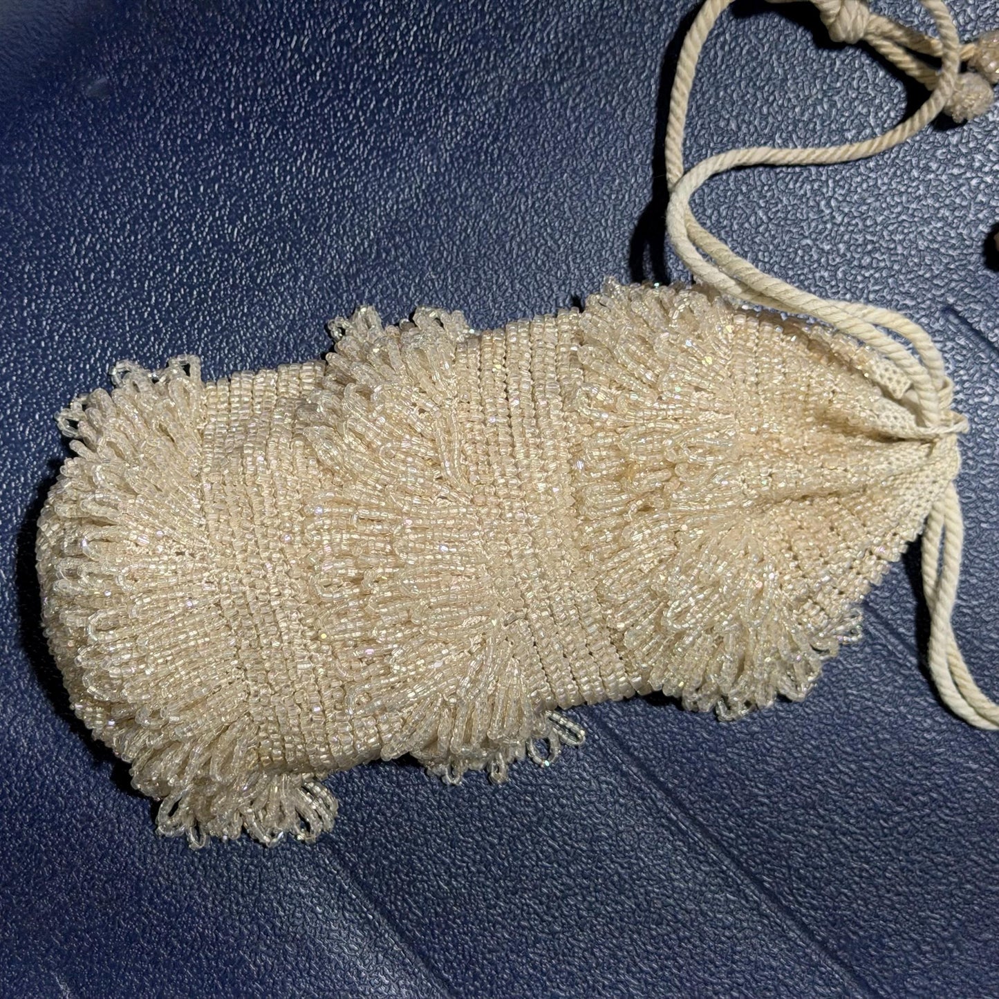 1920s Antique Vintage Beaded Dance Bag, White Glass Art Deco Drawstring tassel Wrist purse