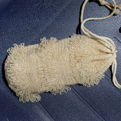 1920s Antique Vintage Beaded Dance Bag, White Glass Art Deco Drawstring tassel Wrist purse