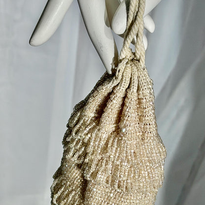 1920s Antique Vintage Beaded Dance Bag, White Glass Art Deco Drawstring tassel Wrist purse