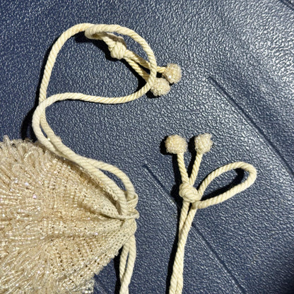 1920s Antique Vintage Beaded Dance Bag, White Glass Art Deco Drawstring tassel Wrist purse