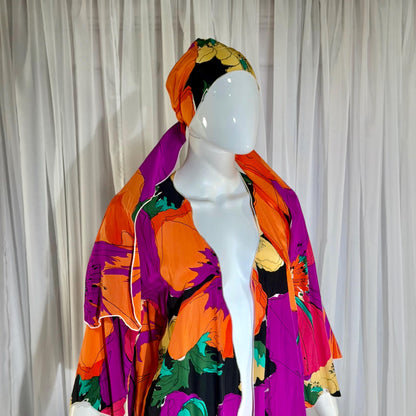 HOLLY HARP Vintage 1970s Robe Kimono, short floral silk duster cover up