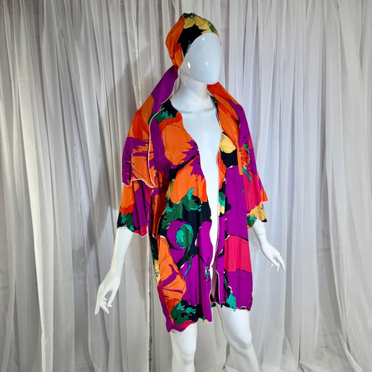 HOLLY HARP Vintage 1970s Robe Kimono, short floral silk duster cover up