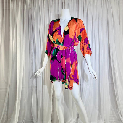 HOLLY HARP Vintage 1970s Robe Kimono, short floral silk duster cover up