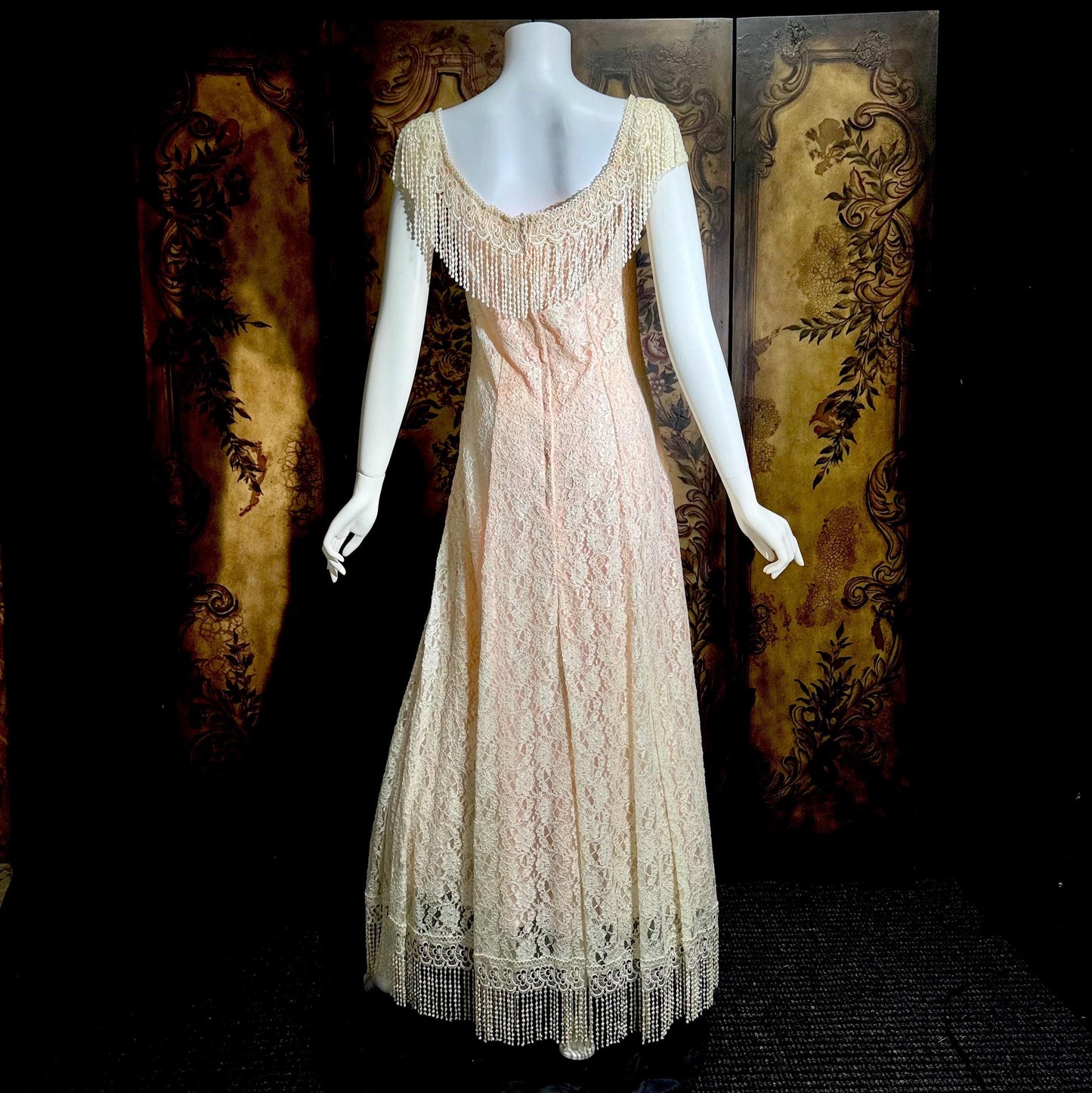 LORRIE KABALA Vintage wedding dress, 1980s pink and white lace beaded fringe gown