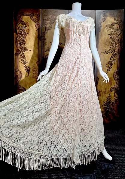 LORRIE KABALA Vintage wedding dress, 1980s pink and white lace beaded fringe gown
