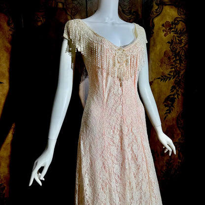 LORRIE KABALA Vintage wedding dress, 1980s pink and white lace beaded fringe gown