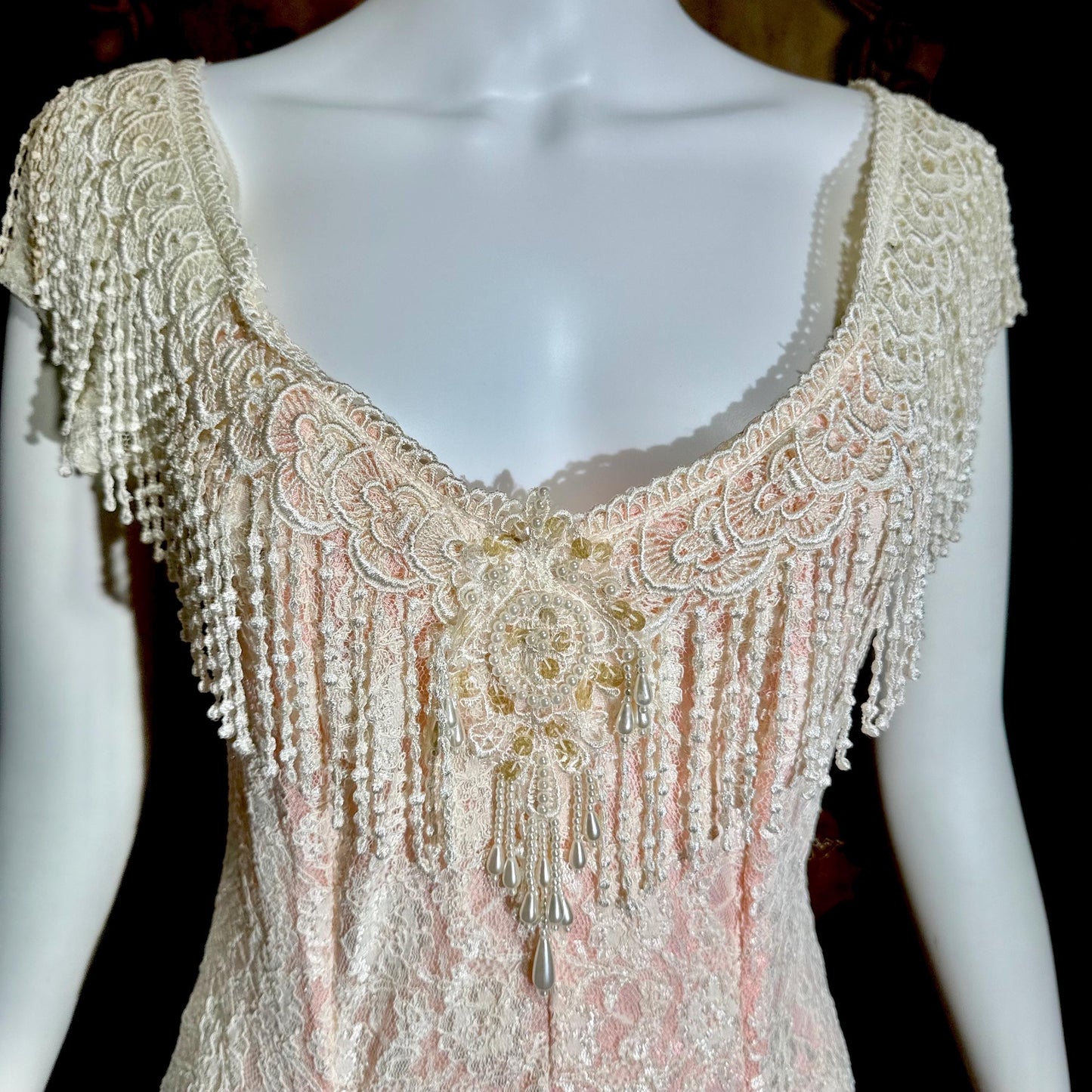 LORRIE KABALA Vintage wedding dress, 1980s pink and white lace beaded fringe gown