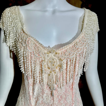 LORRIE KABALA Vintage wedding dress, 1980s pink and white lace beaded fringe gown