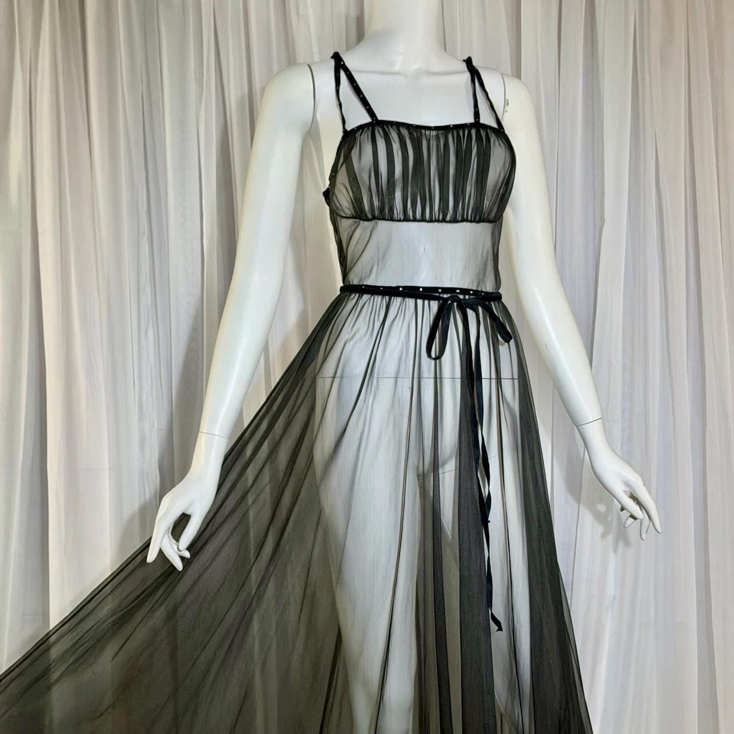 CHEVETTE vintage nightgown slip dress, 1950s Black Sheer Nylon lingerie dress