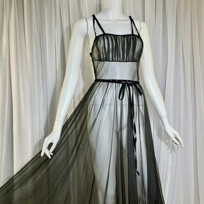 CHEVETTE vintage nightgown slip dress, 1950s Black Sheer Nylon lingerie dress