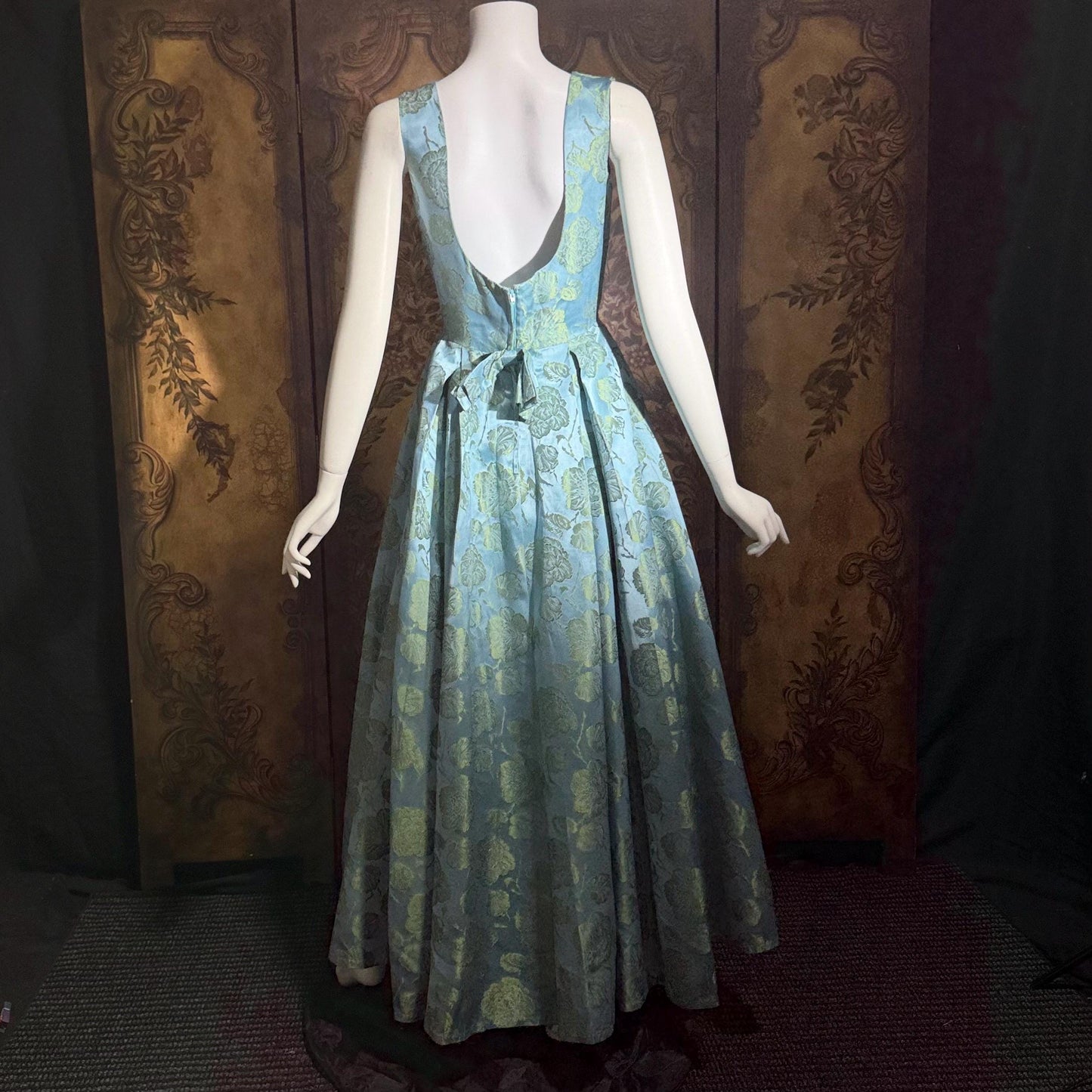 1960s vintage evening dress gown, Blue floral silk damask pleated full skirt ball gown