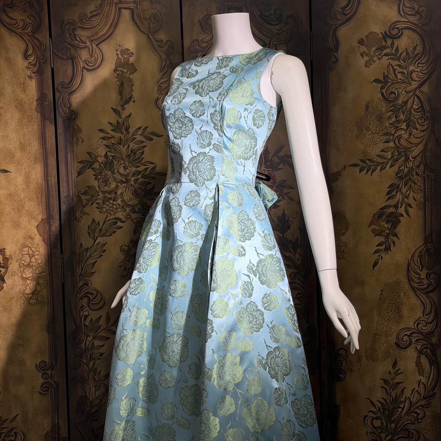 1960s vintage evening dress gown, Blue floral silk damask pleated full skirt ball gown