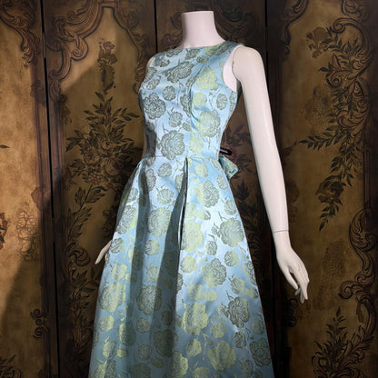 1960s vintage evening dress gown, Blue floral silk damask pleated full skirt ball gown