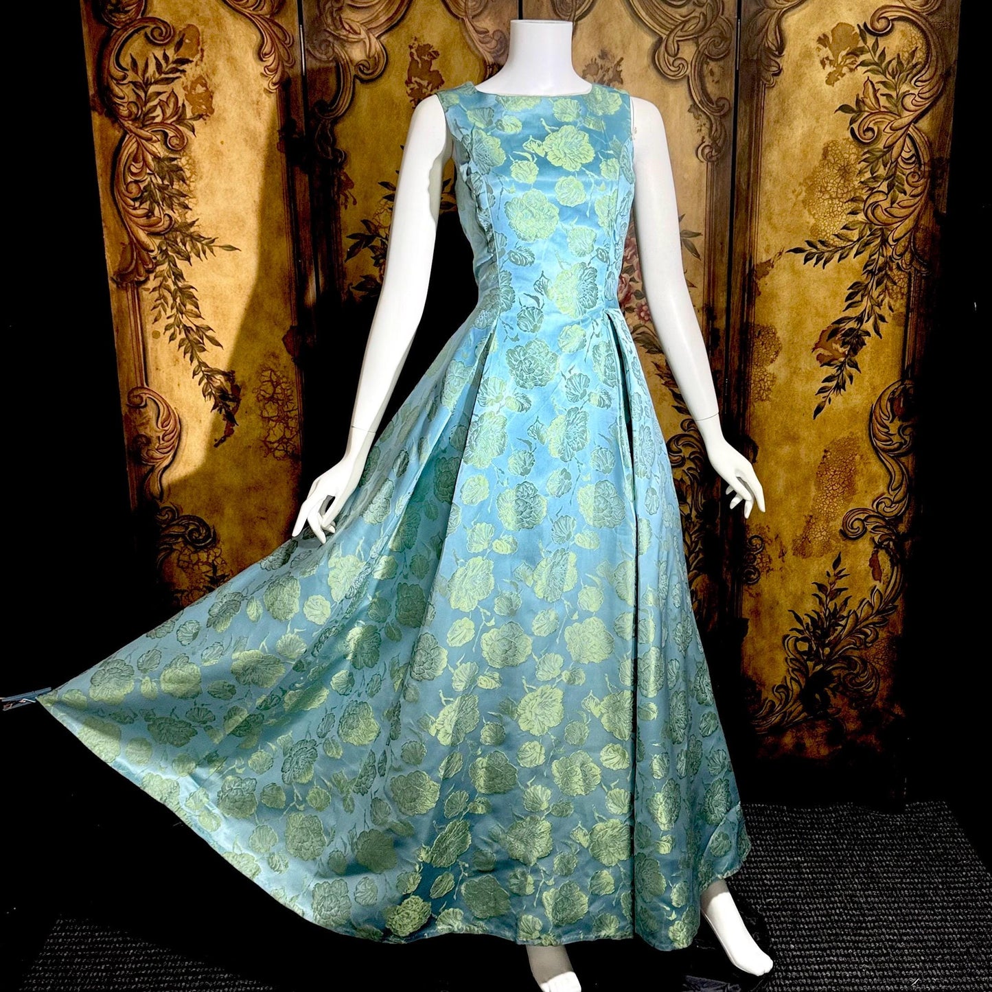 1960s vintage evening dress gown, Blue floral silk damask pleated full skirt ball gown