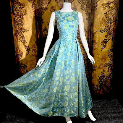 1960s vintage evening dress gown, Blue floral silk damask pleated full skirt ball gown