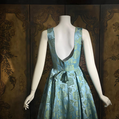 1960s vintage evening dress gown, Blue floral silk damask pleated full skirt ball gown