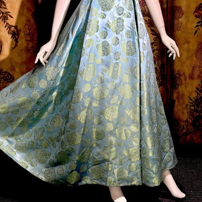 1960s vintage evening dress gown, Blue floral silk damask pleated full skirt ball gown