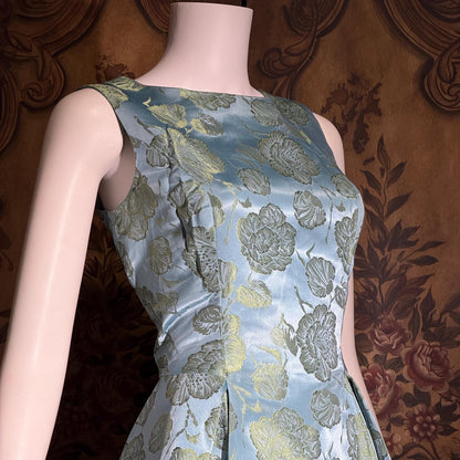 1960s vintage evening dress gown, Blue floral silk damask pleated full skirt ball gown