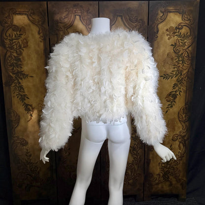 1970s Vintage Marabou & Feather Cropped Jacket, Snowy White Wedding Evening Topper