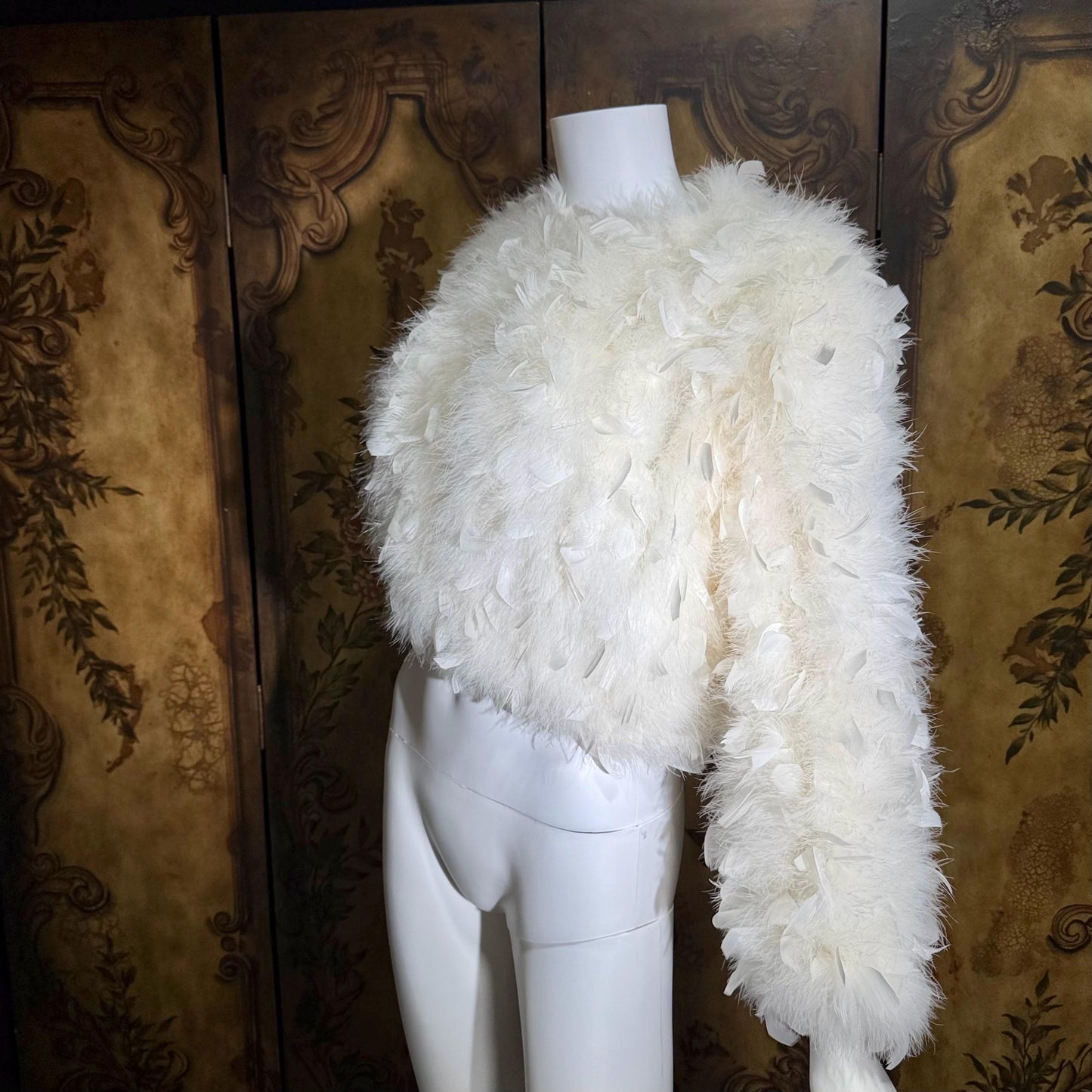1970s Vintage Marabou & Feather Cropped Jacket, Snowy White Wedding Evening Topper