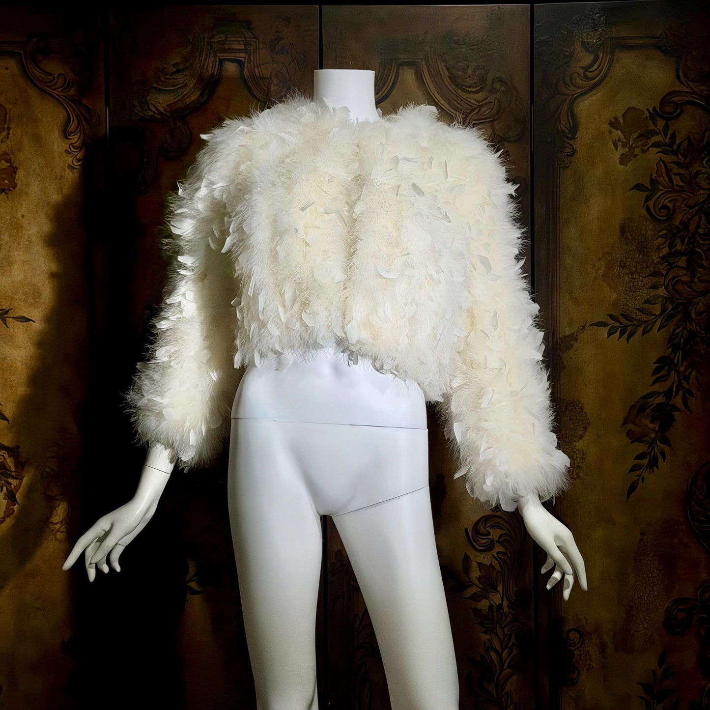 1970s Vintage Marabou & Feather Cropped Jacket, Snowy White Wedding Evening Topper
