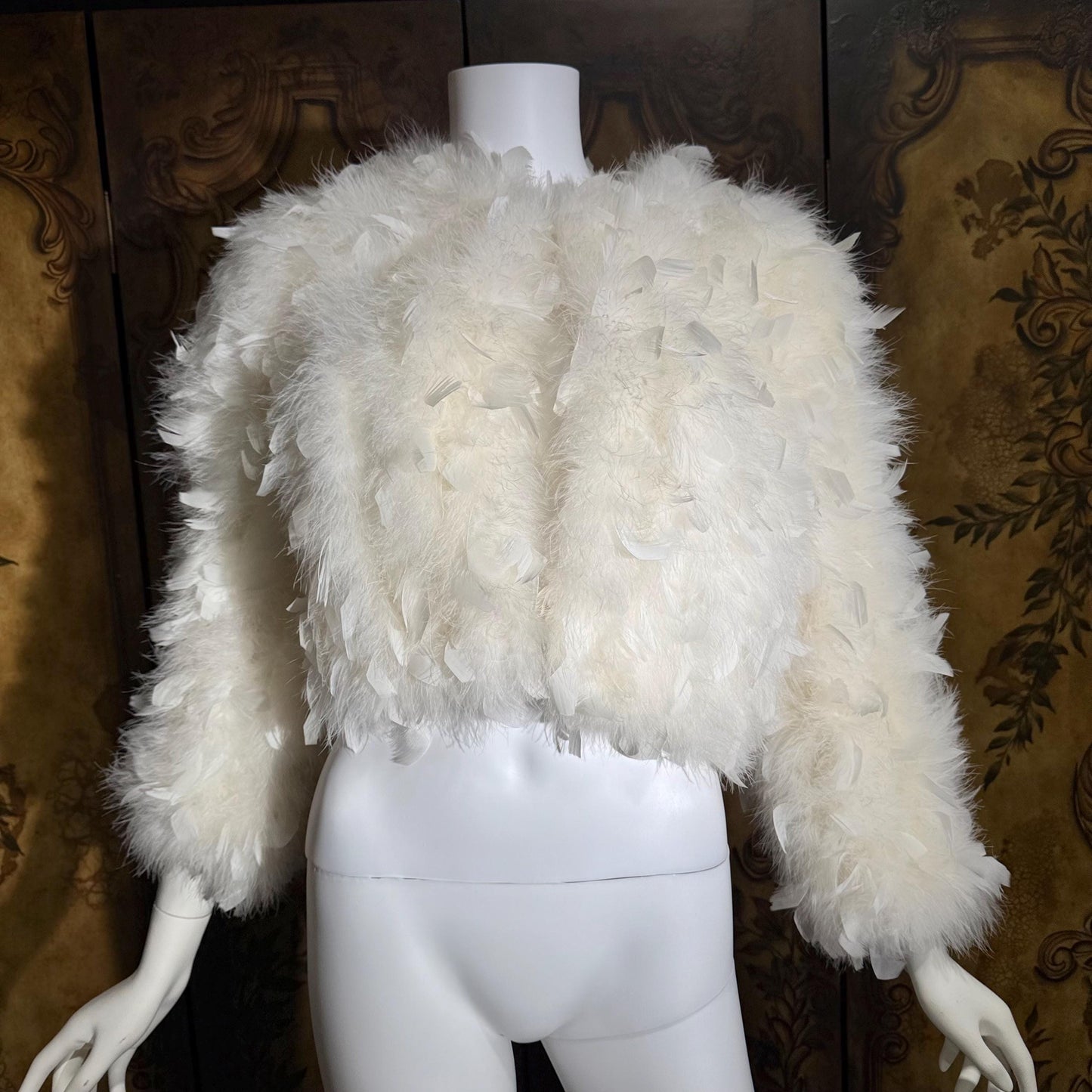 1970s Vintage Marabou & Feather Cropped Jacket, Snowy White Wedding Evening Topper