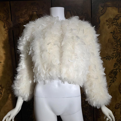 1970s Vintage Marabou & Feather Cropped Jacket, Snowy White Wedding Evening Topper