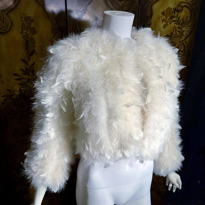 1970s Vintage Marabou & Feather Cropped Jacket, Snowy White Wedding Evening Topper