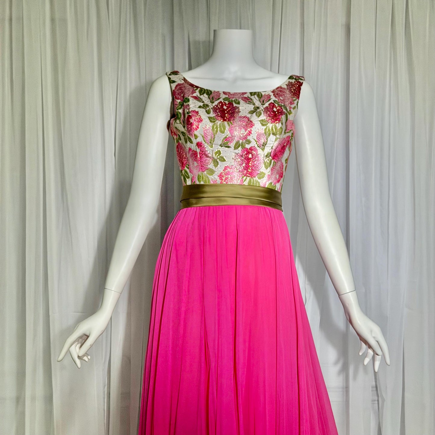 WILL STEINMAN vintage Evening dress, 1960s Pink Floral Chiffon and Brocade gown