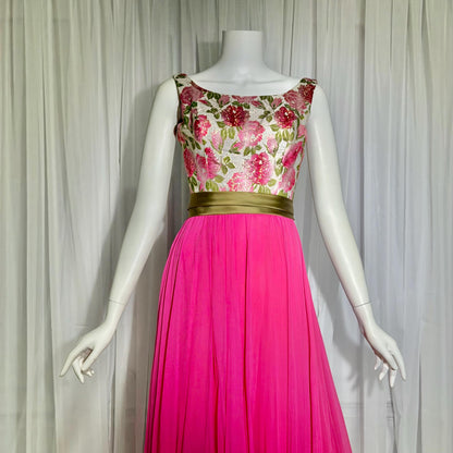 WILL STEINMAN vintage Evening dress, 1960s Pink Floral Chiffon and Brocade gown