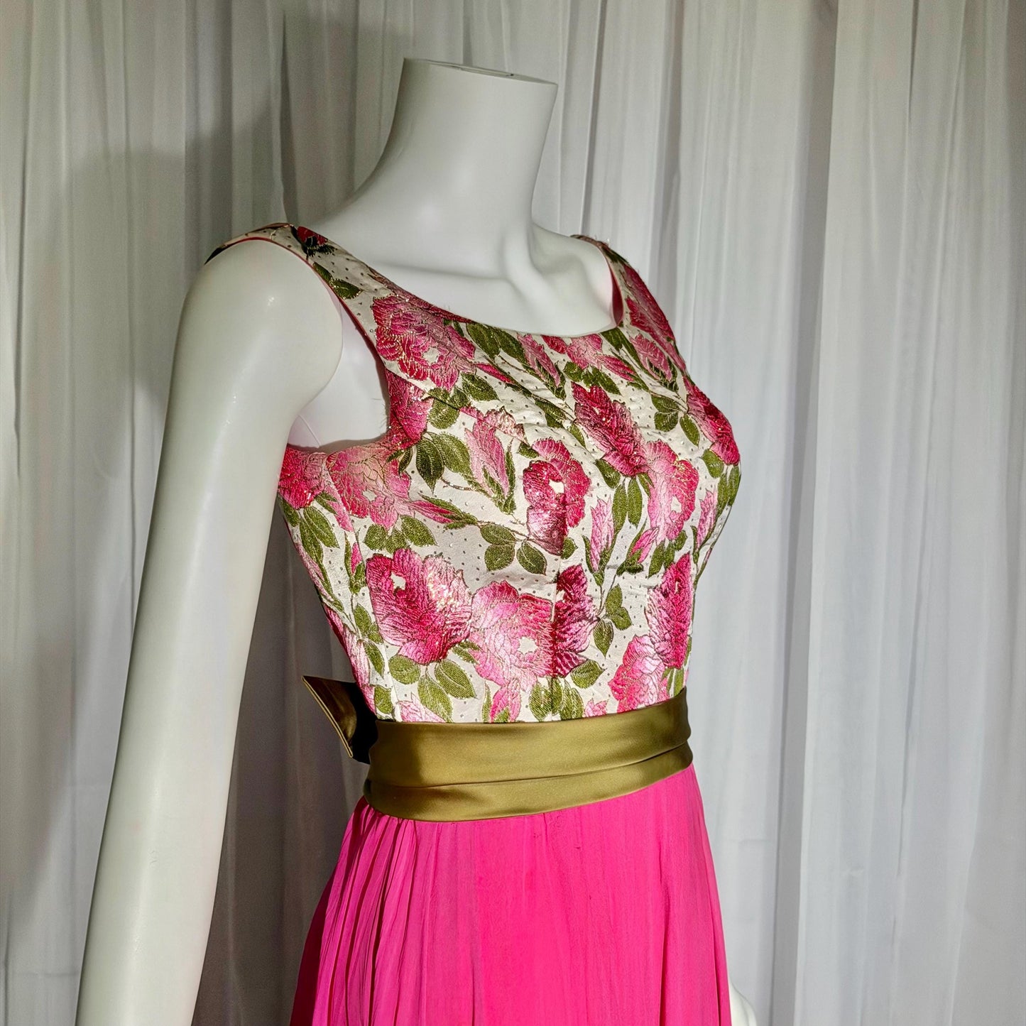 WILL STEINMAN vintage Evening dress, 1960s Pink Floral Chiffon and Brocade gown