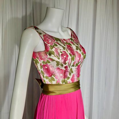 WILL STEINMAN vintage Evening dress, 1960s Pink Floral Chiffon and Brocade gown