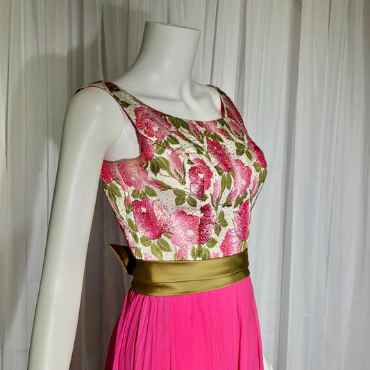 WILL STEINMAN vintage Evening dress, 1960s Pink Floral Chiffon and Brocade gown