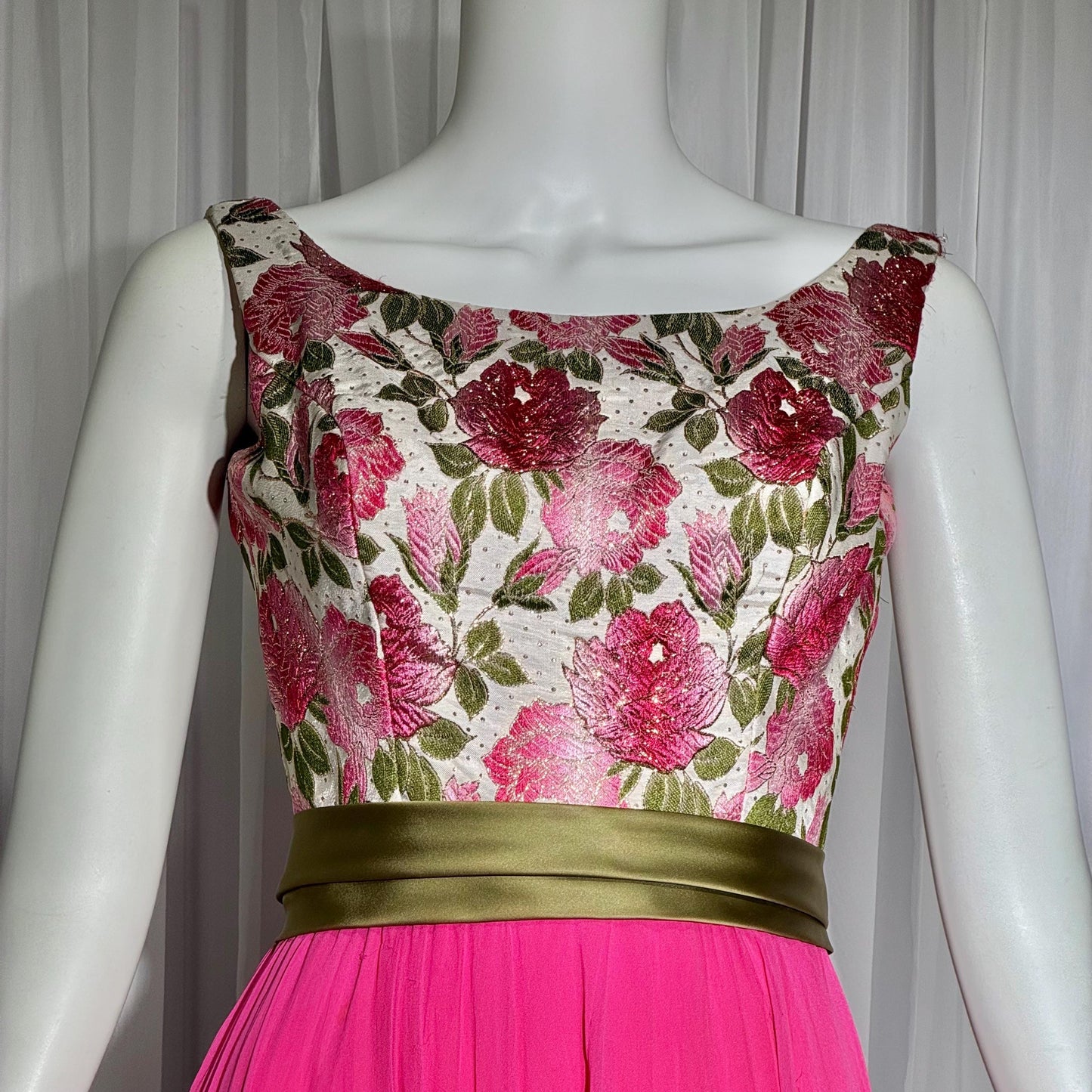 WILL STEINMAN vintage Evening dress, 1960s Pink Floral Chiffon and Brocade gown